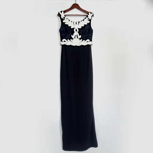 NWT FRANK LYMAN EMBROYDERED MAXI  BACK ZIP SLEEVELESS LINED US6 NAVY IVORY GOWN - Picture 7 of 10
